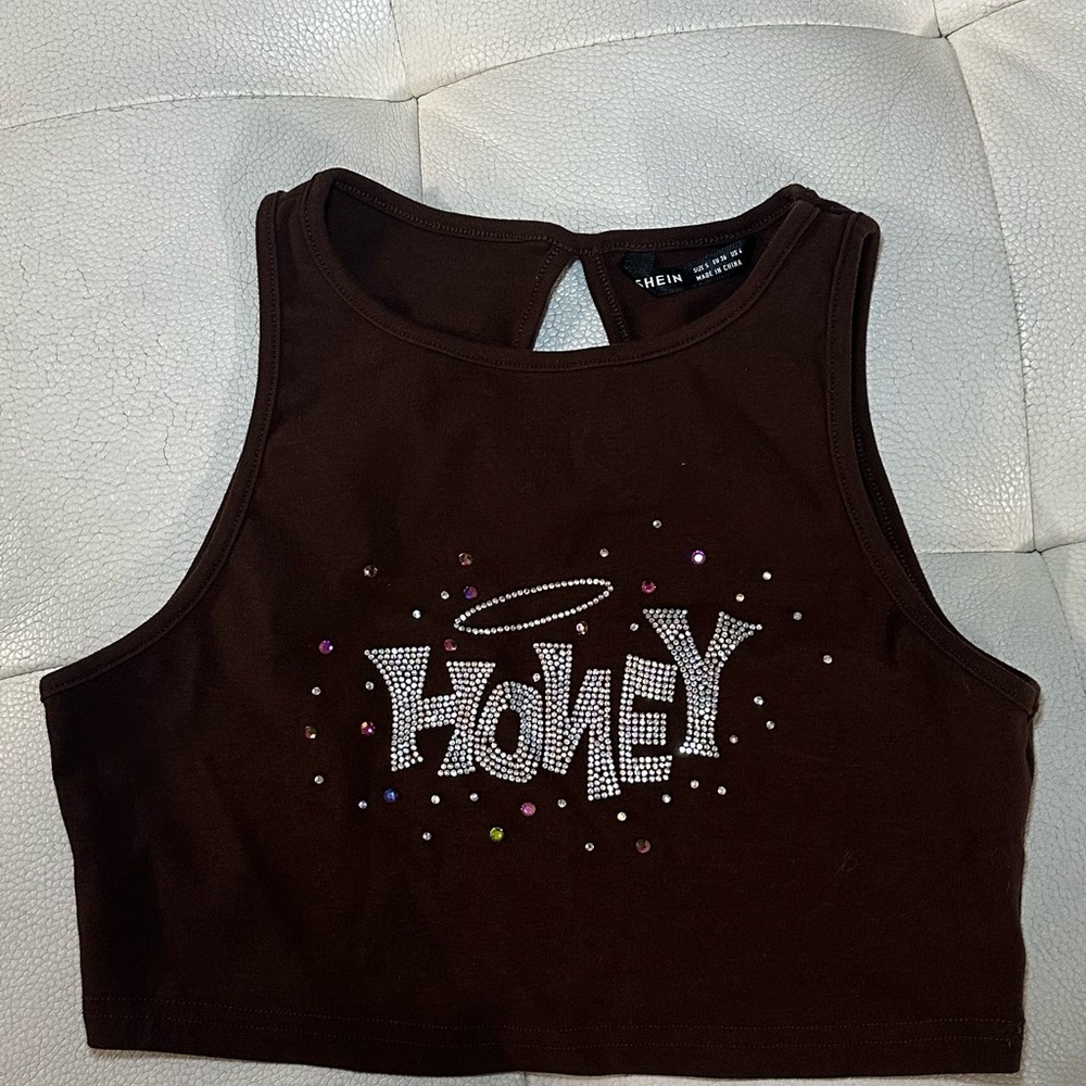 Brown Crop Top with Rhinestone Design
